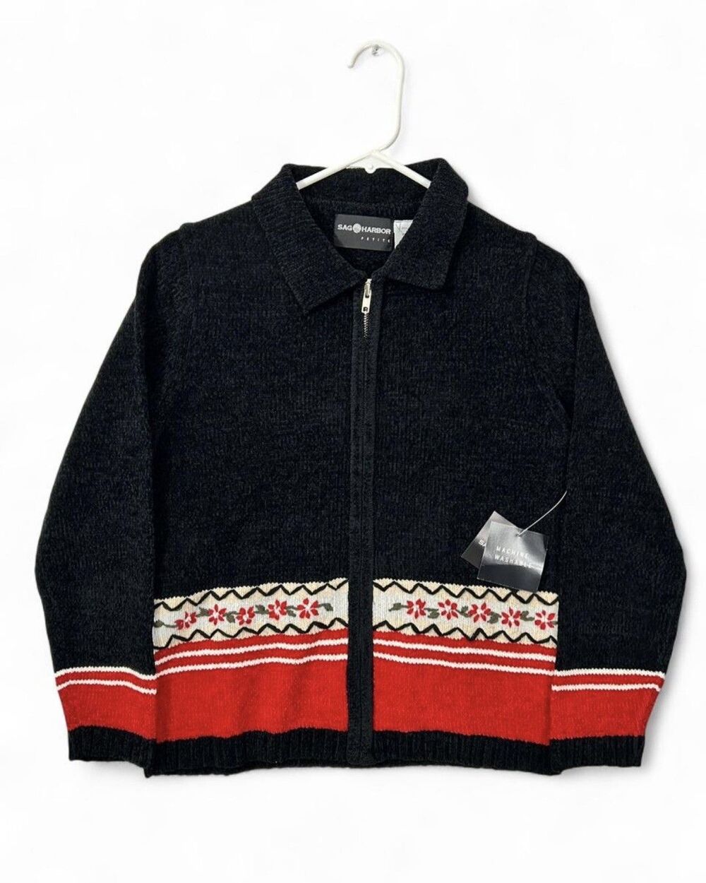 Sag Harbor Cardigan Y2K Retro Soft Black Red Full Zip Chenille Coastal Grandma